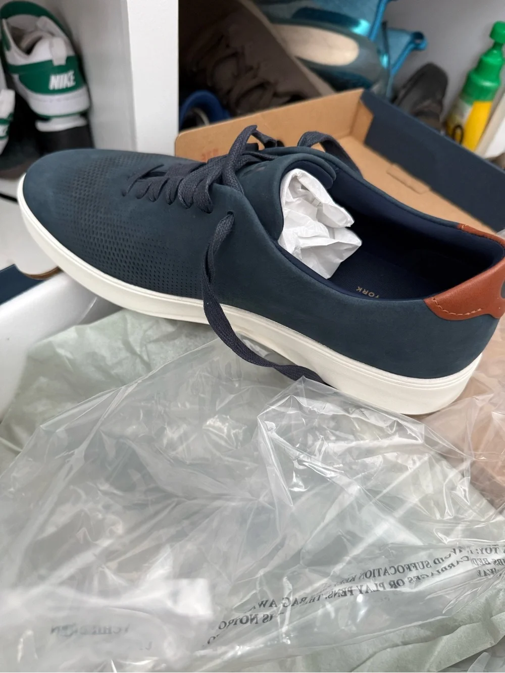 Cole Haan Navy Perforated Nubuck Sneaker with Tan Heel Accent (NIB)
